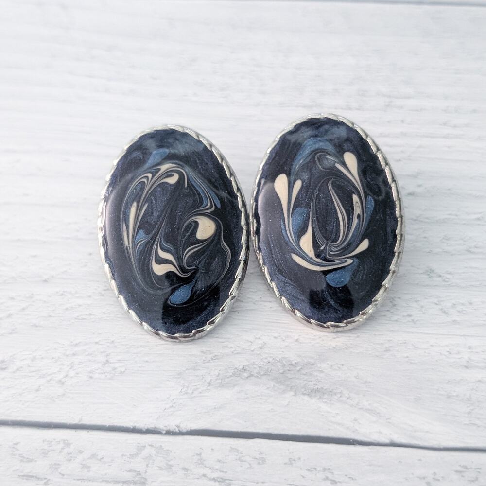 Vintage Stud Earrings Large Oval Blue & Cream Enamel Statement